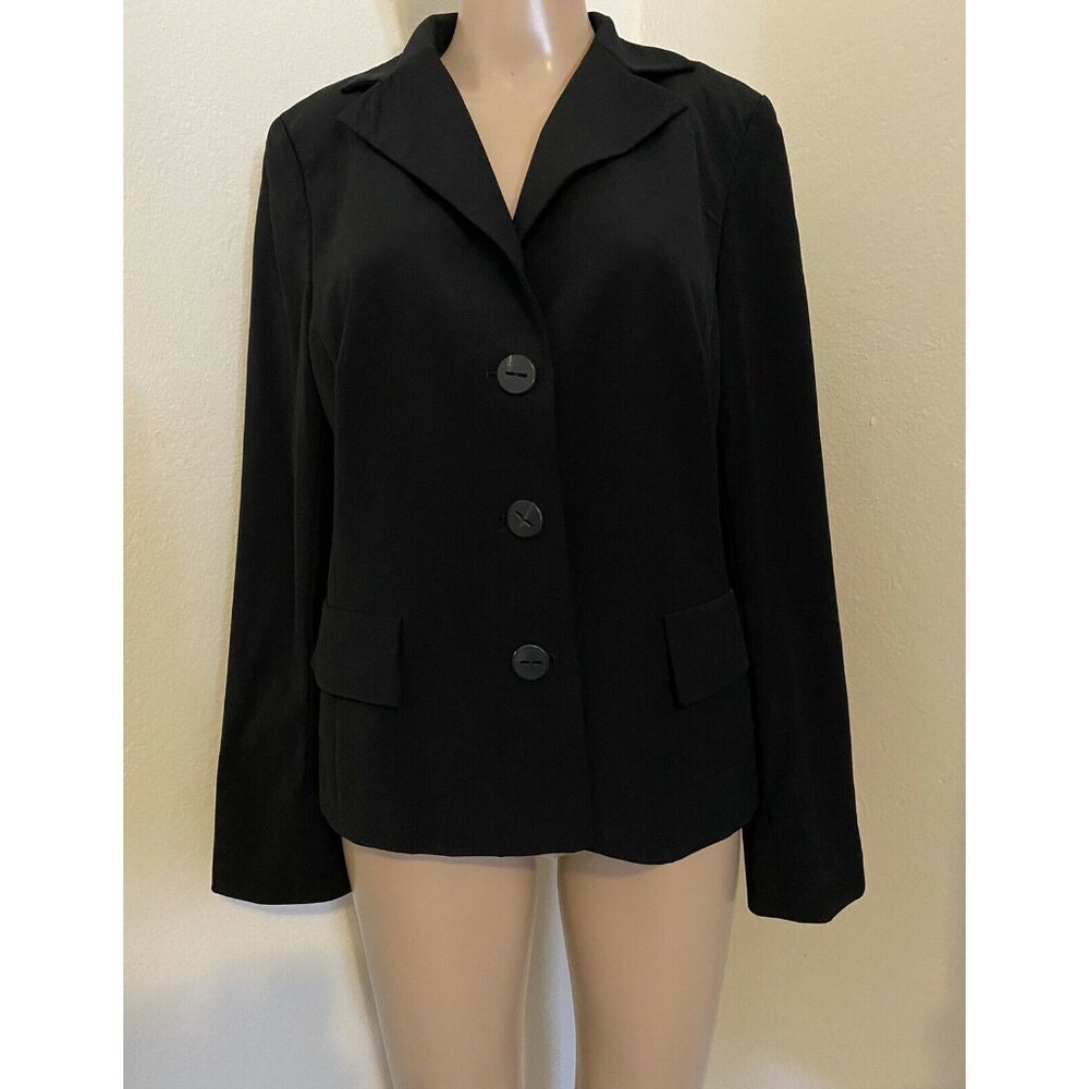 $1400 Akris 44 US 12 100% Wool Jacket Short Blazer 3 Button Black Stripe Pockets